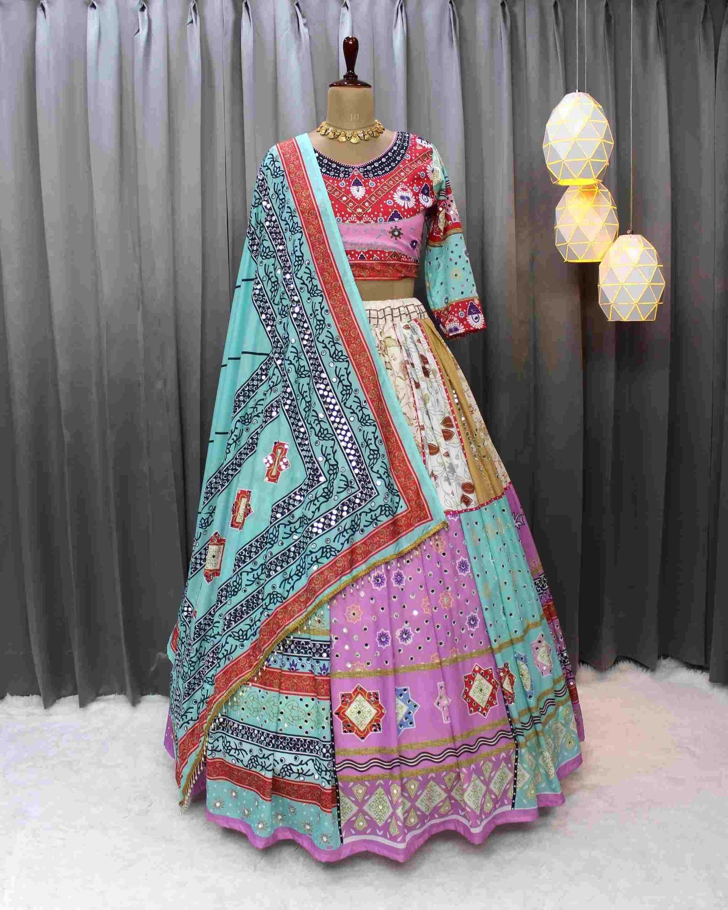 Navratri Chaniya Choli Muslin Cotton Mirror Work Lehenga