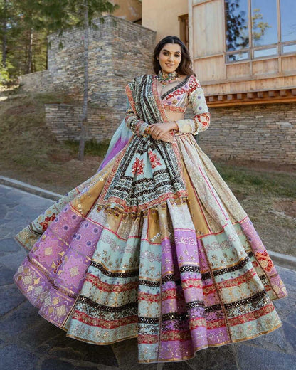 Navratri Chaniya Choli Muslin Cotton Mirror Work Lehenga