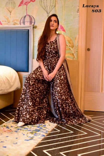 MUSLIN SILK  INDO WESTERN PRINTED PARTY WEAR DRESS