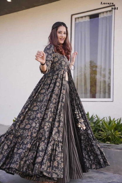 MUSLIN SILK  INDO WESTERN PRINTED PARTY WEAR DRESS