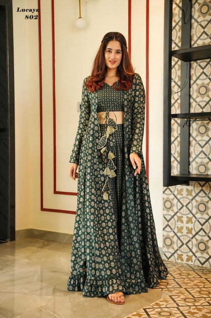 MUSLIN SILK  INDO WESTERN PRINTED PARTY WEAR DRESS