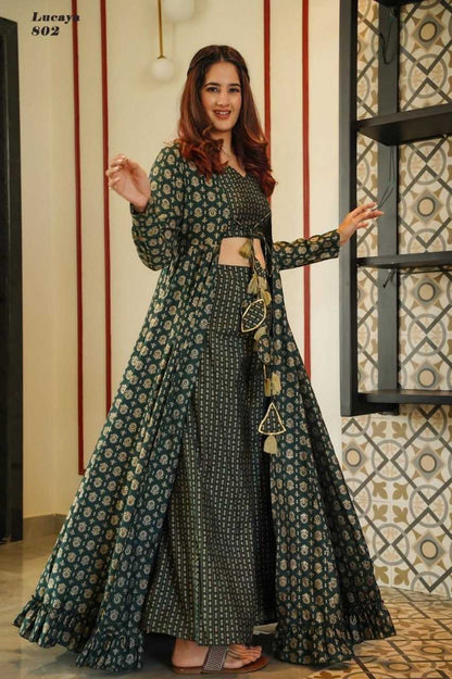 MUSLIN SILK  INDO WESTERN PRINTED PARTY WEAR DRESS