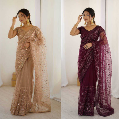 Sequins Work  Net  Saree