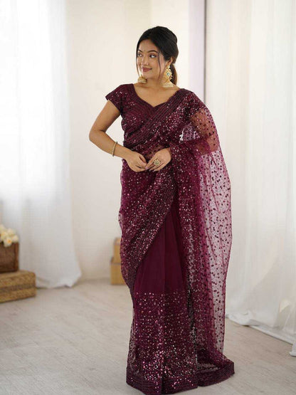 Sequins Work  Net  Saree