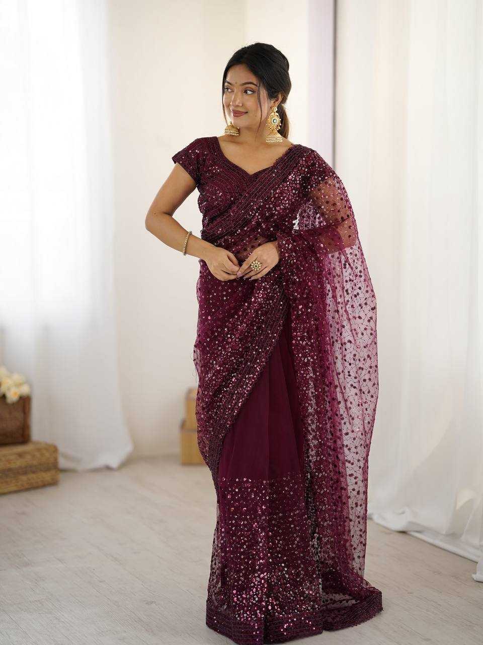 Sequins Work  Net  Saree