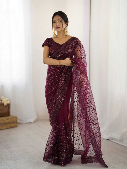 Sequins Work  Net  Saree