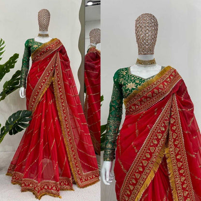 ORGANZA SILK  SEQUENCE  EMBROIDERED JANHVI KAPOOR Bollywood Saree Collection