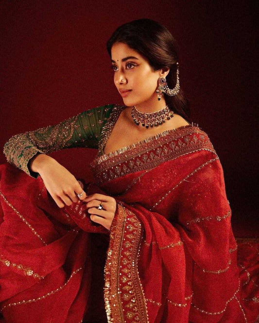 ORGANZA SILK  SEQUENCE  EMBROIDERED JANHVI KAPOOR Bollywood Saree Collection