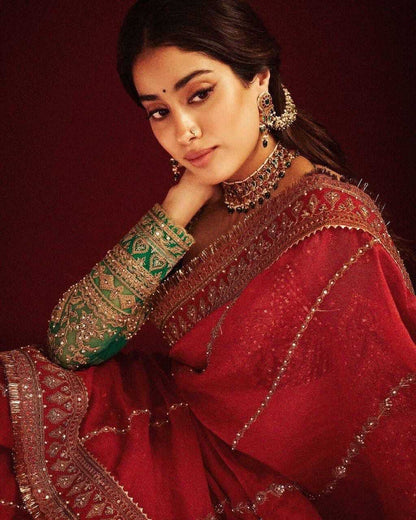 ORGANZA SILK  SEQUENCE  EMBROIDERED JANHVI KAPOOR Bollywood Saree Collection