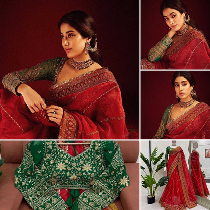 ORGANZA SILK  SEQUENCE  EMBROIDERED JANHVI KAPOOR Bollywood Saree Collection