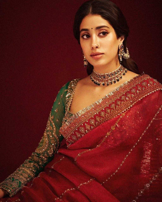 ORGANZA SILK  SEQUENCE  EMBROIDERED JANHVI KAPOOR Bollywood Saree Collection